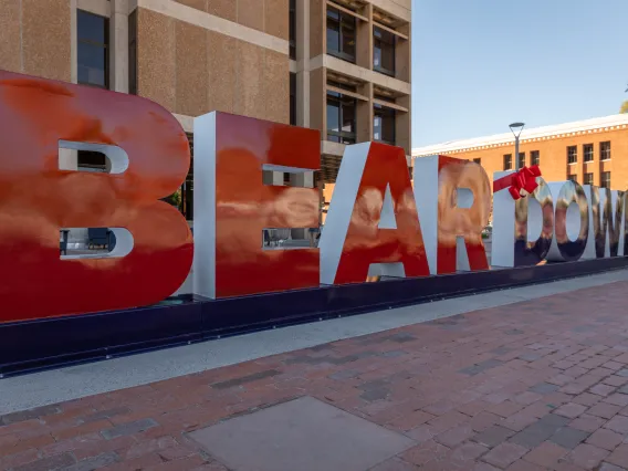 Dedication event for the new BEAR DOWN sign put outside of the library as a testament to the campus's COVID-19 resilience.