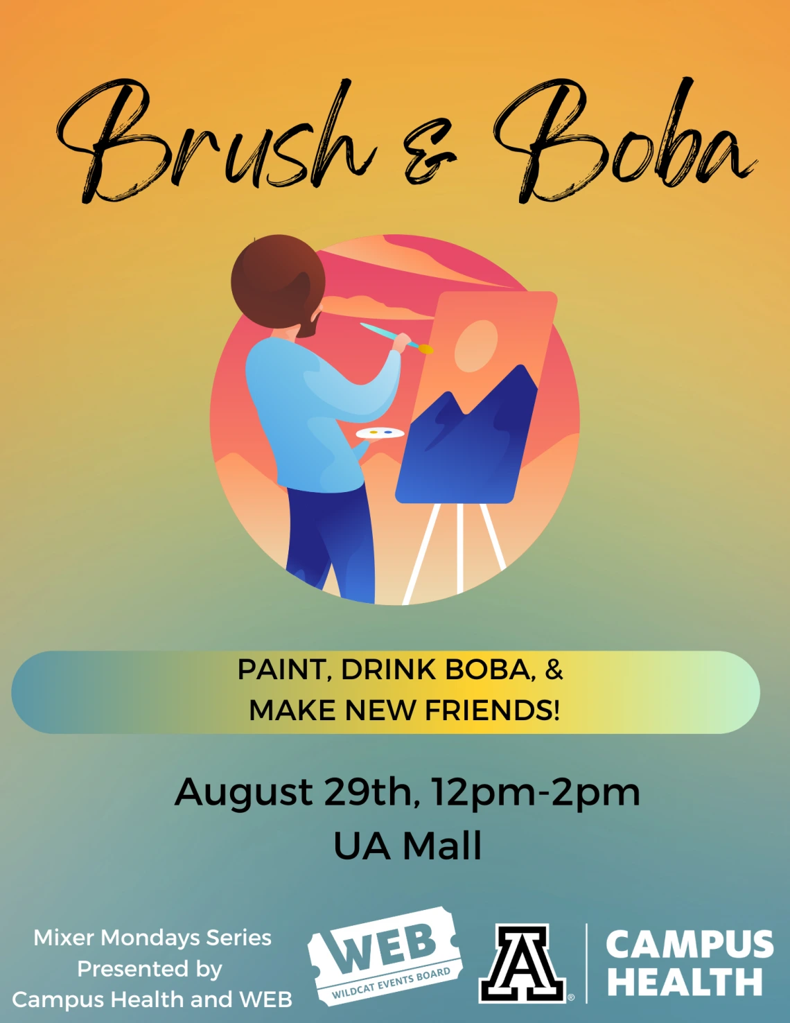 Paint, Drink Boba & Make New Friends - Graphic of someone painting.  