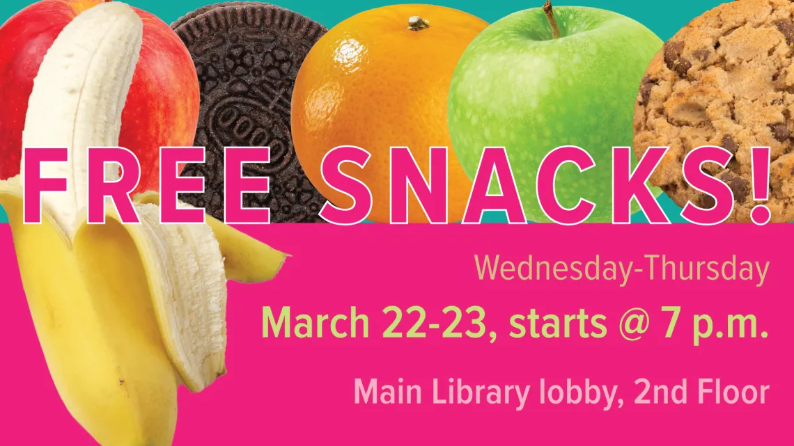 fruit and cookies on a pink background with the words "free snacks!"