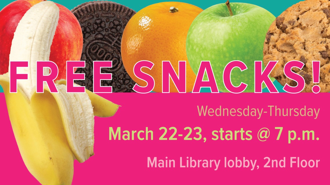 fruit and cookies on a pink background with the words "free snacks!"