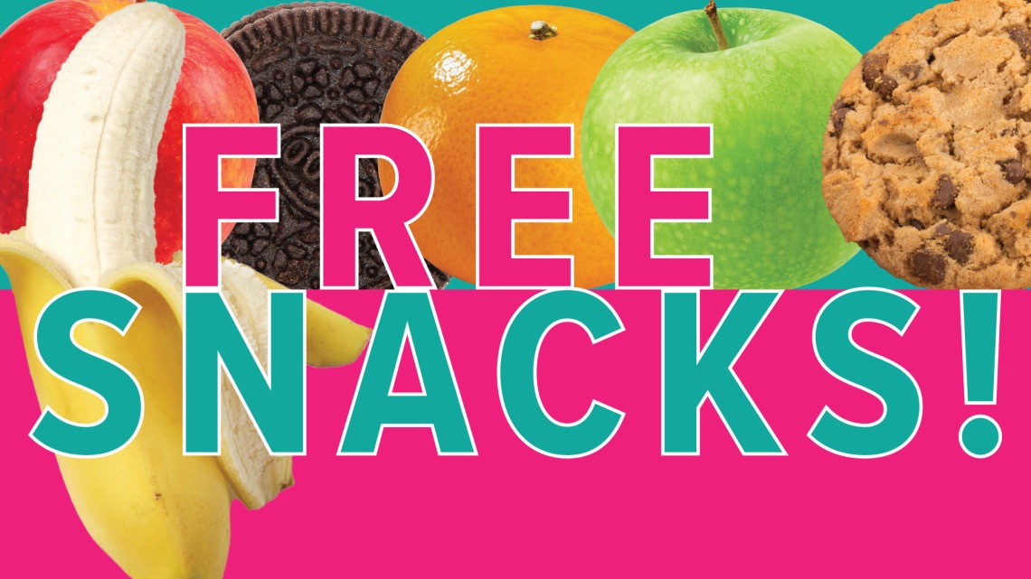banana, red apple, oreo cookie, orange, green apple with text FREE SNACKS! 