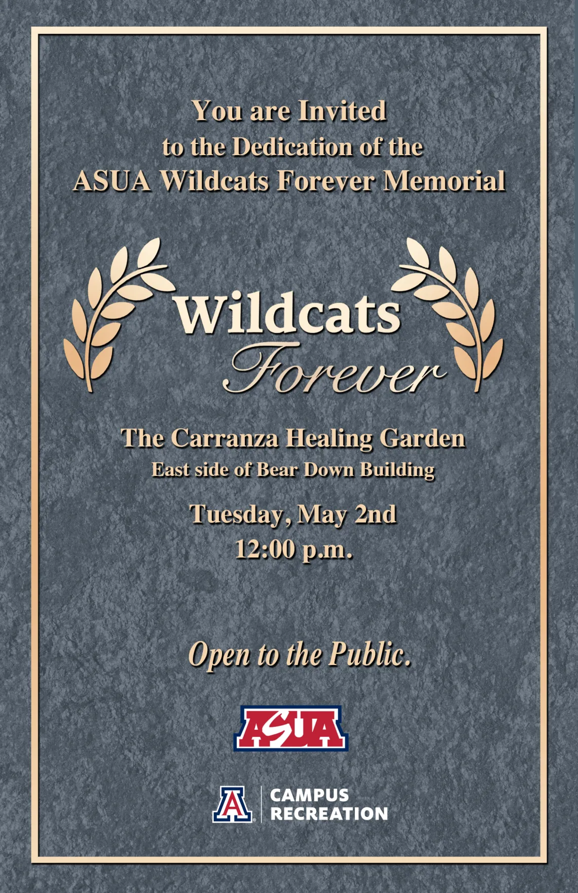 Invitation to Wildcats Forever Memorial Dedication in gold letters on gray background