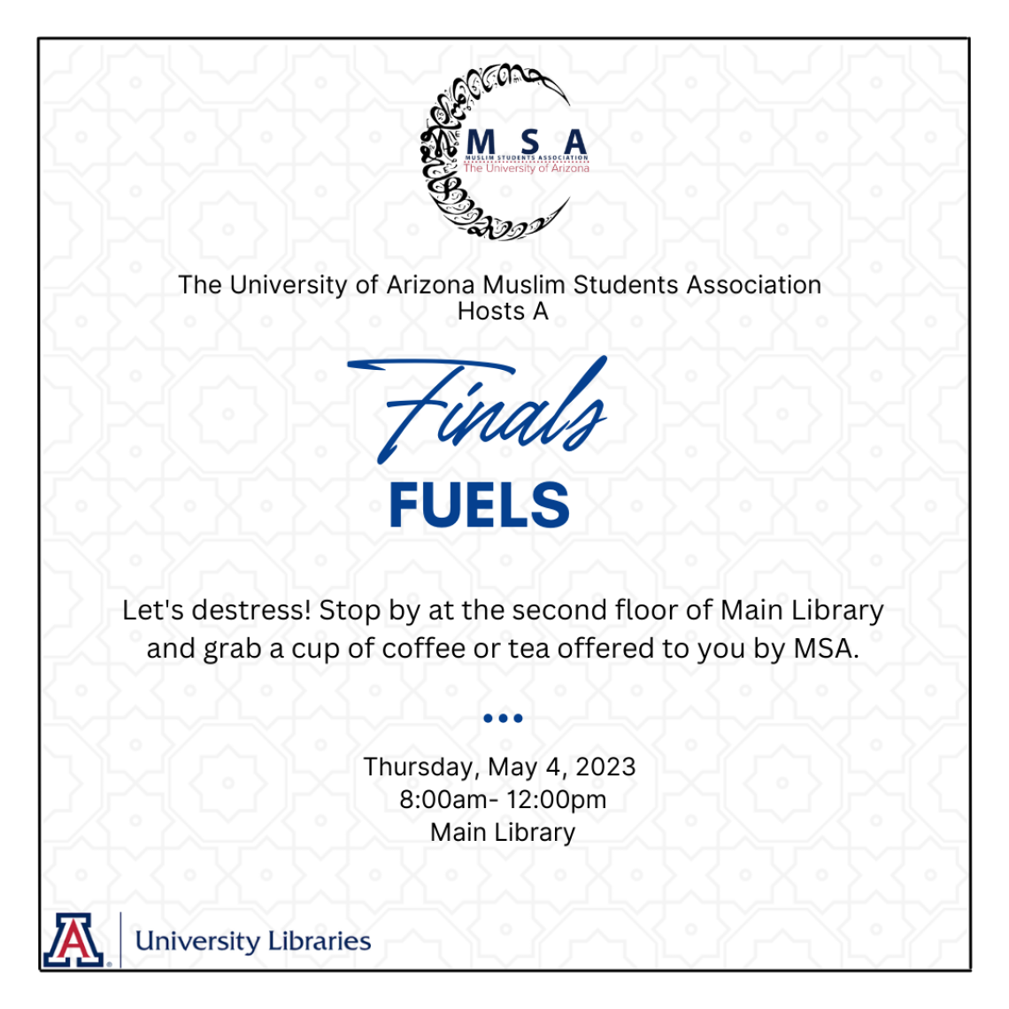 gray/white tile background with "Finals Fuels" by UA Muslim Students Association