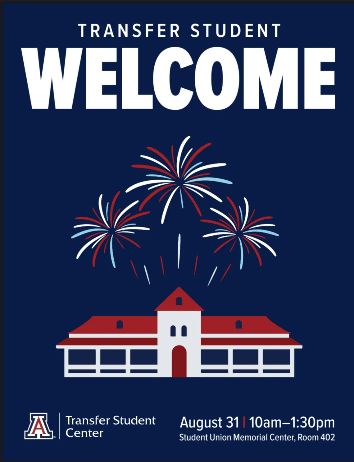Illustration of old main with fireworks.