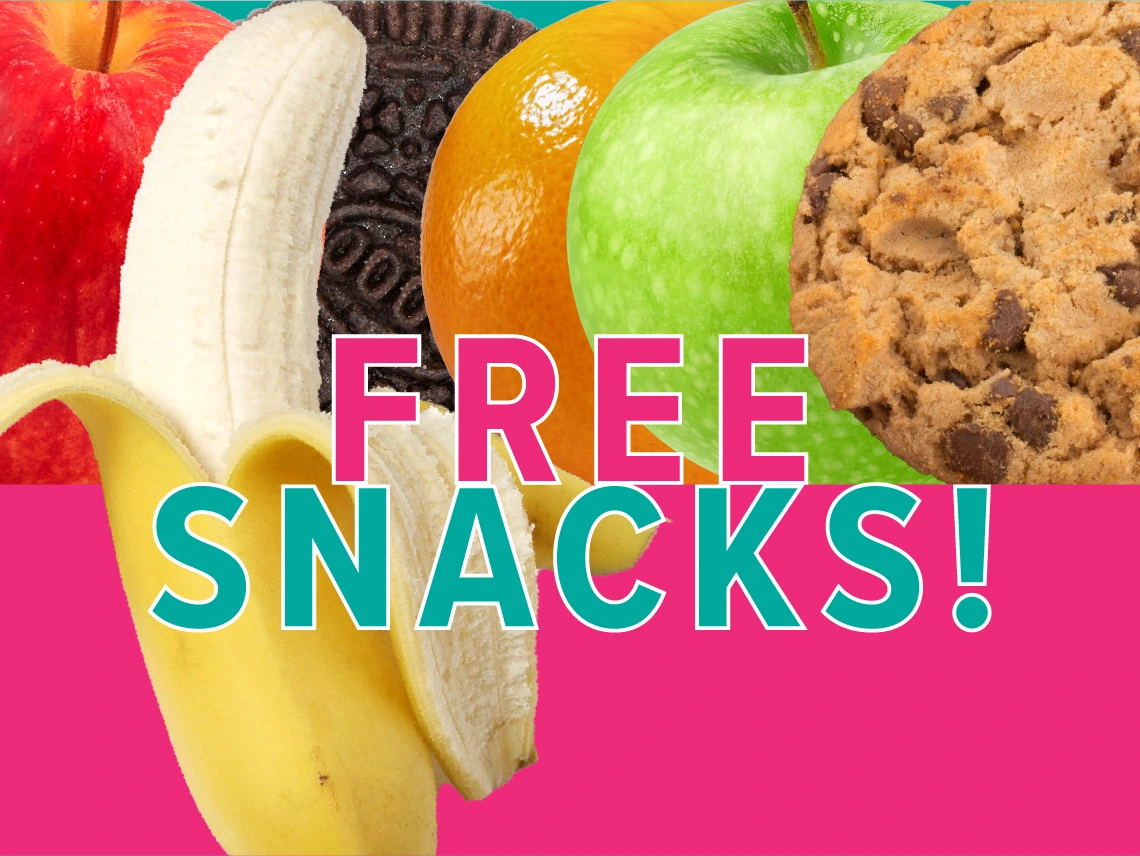 free snacks in capital letters over images of different fruit and cookies