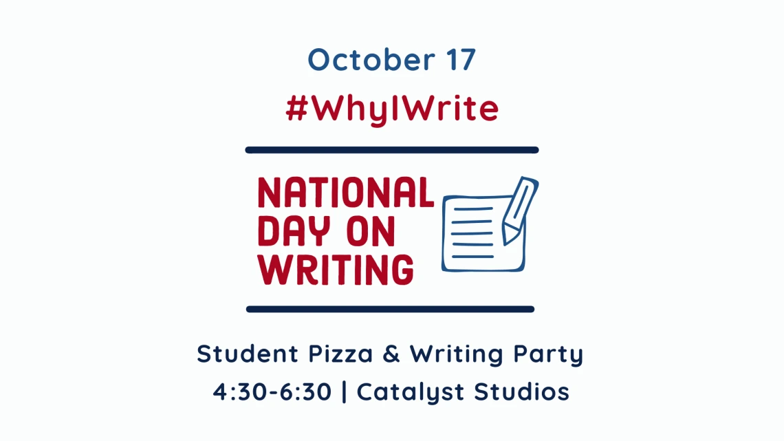 national day of writing pizza and writing event in blue and red text, white background