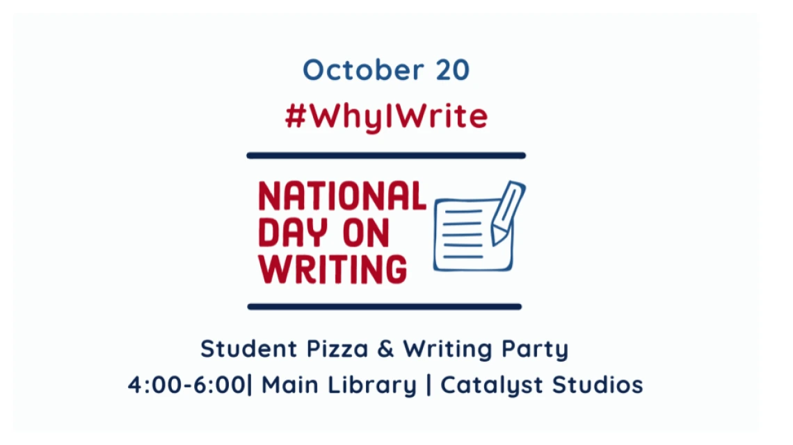 national day of writing pizza and writing event in blue and red text, white background