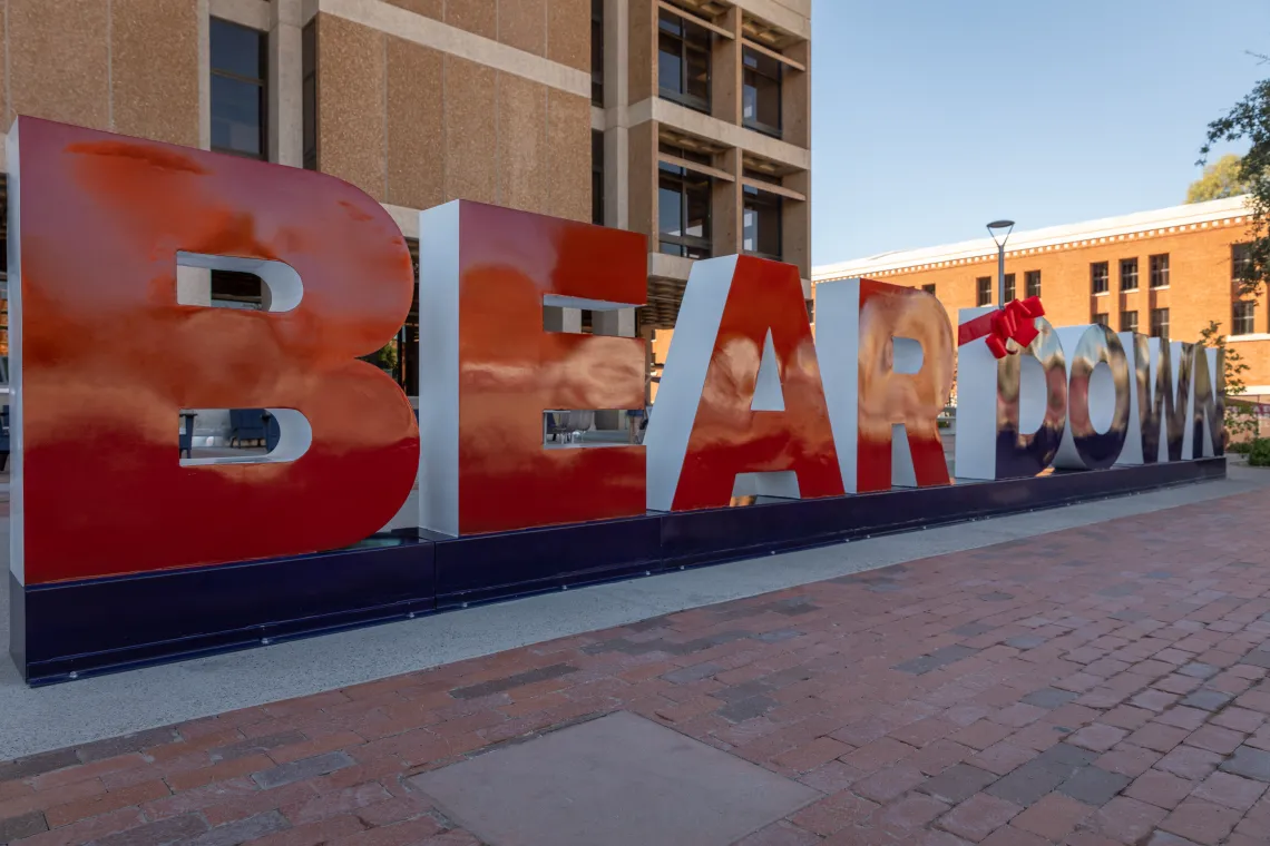 Dedication event for the new BEAR DOWN sign put outside of the library as a testament to the campus's COVID-19 resilience.