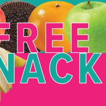 banana, red apple, oreo cookie, orange, green apple with text FREE SNACKS! 