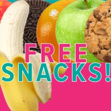 free snacks in capital letters over images of different fruit and cookies