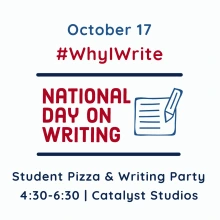 national day of writing pizza and writing event in blue and red text, white background